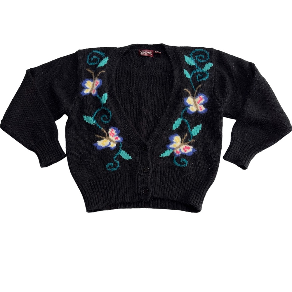 Vintage Ginenne Black Butterfly Knit Cardigan Sweater Medium